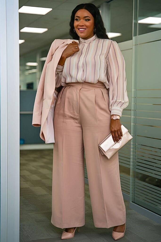 Plus Size Striped Blouse and Wide-Leg Pants Spring Business Casual Outfit