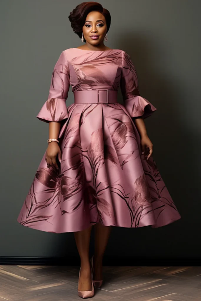 Plus Size Mother Of The Bride Pink Graphic Flare 3:4 Sleeve Pocket Satin Midi Dress