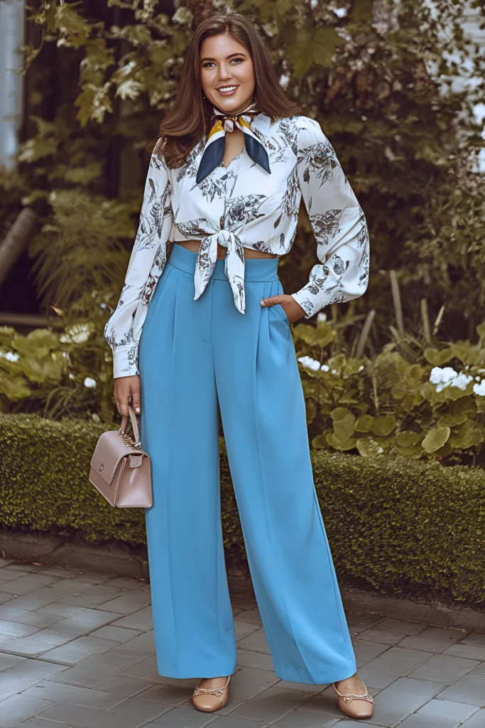 Tie-Front Floral Blouse and Wide-Leg Trousers