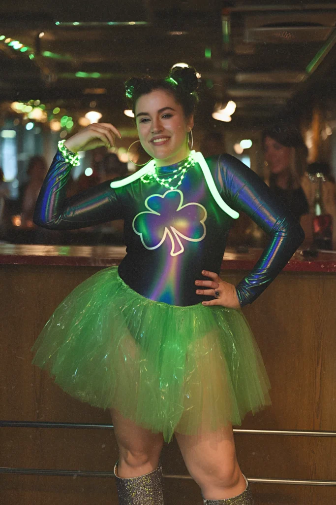 Holographic Shamrock Bodysuit and Green Tutu St. Patrick's Day Outfit