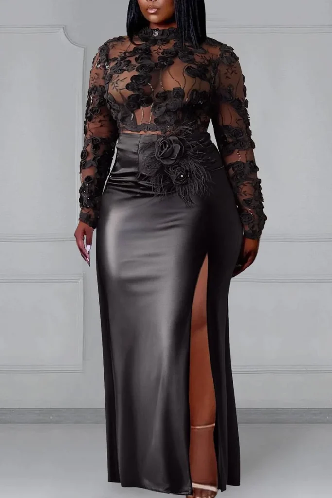 Plus Size Valentines Black Mock Neck Long Sleeve See Through Bodycon Lace Satin Maxi Dress