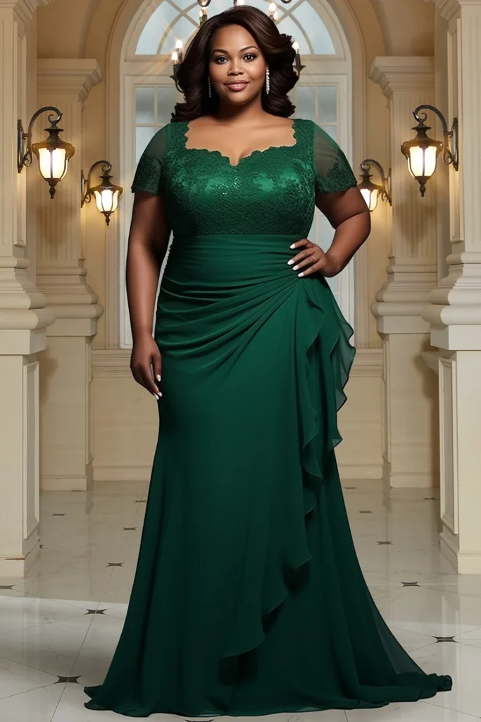 Plus Size Mother Of The Bride Emerald Green Square Neck Short Sleeve Ruffle Lace Chiffon Maxi Dress