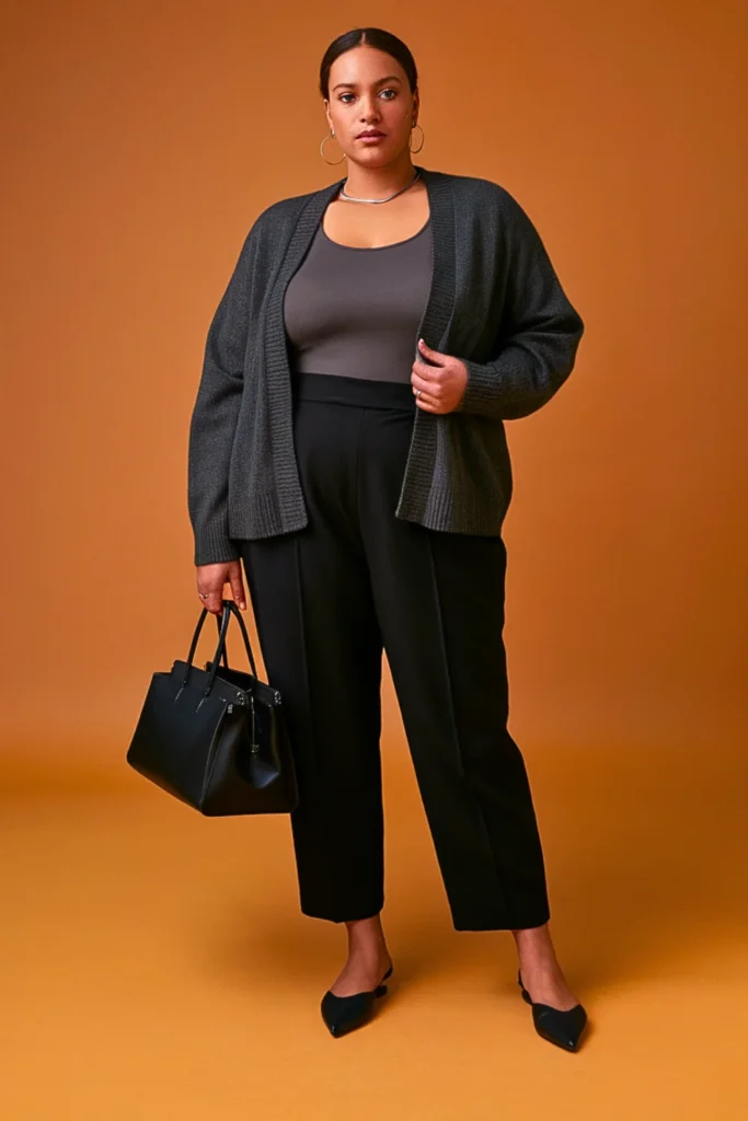 Plus Size Casual V-Neck Cardigan and Tapered Pants Autumn Outfit