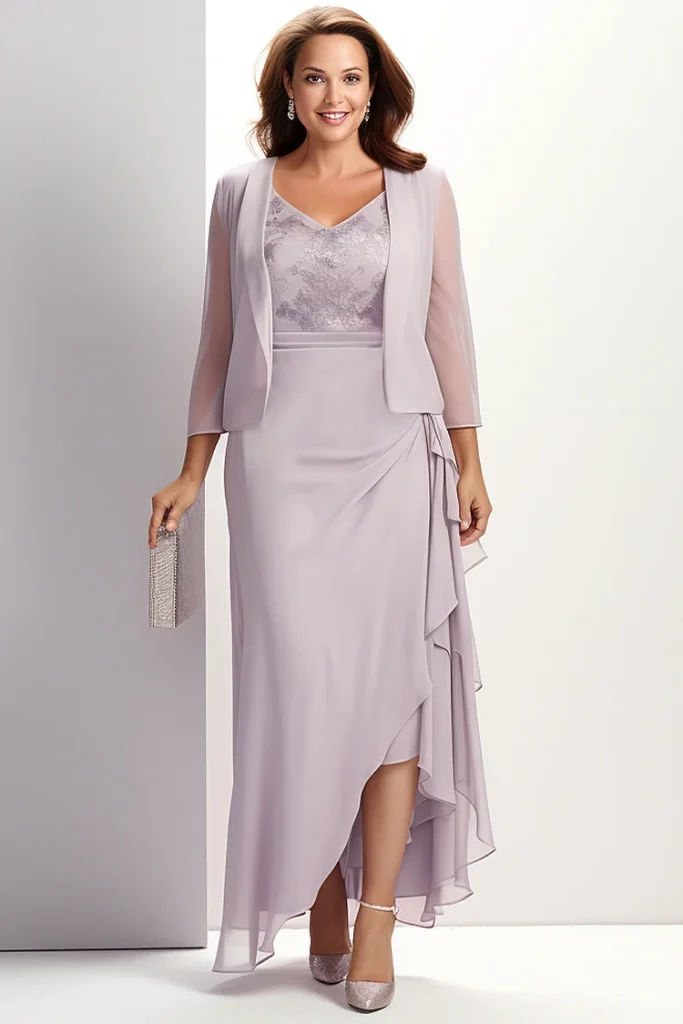 Plus Size Mother Of The Bride Light Purple Chiffon Two Pieces Maxi Dress With Jacket