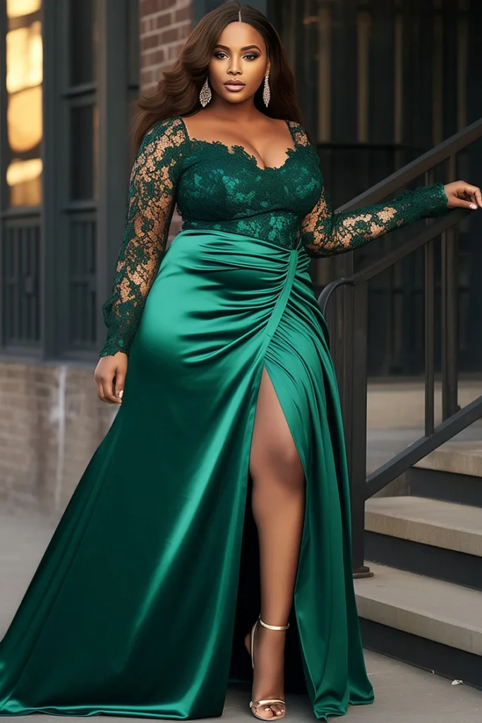 Plus Size Mother of the Bride Emerald Green Split See Through Lace Satin Maxi Dress