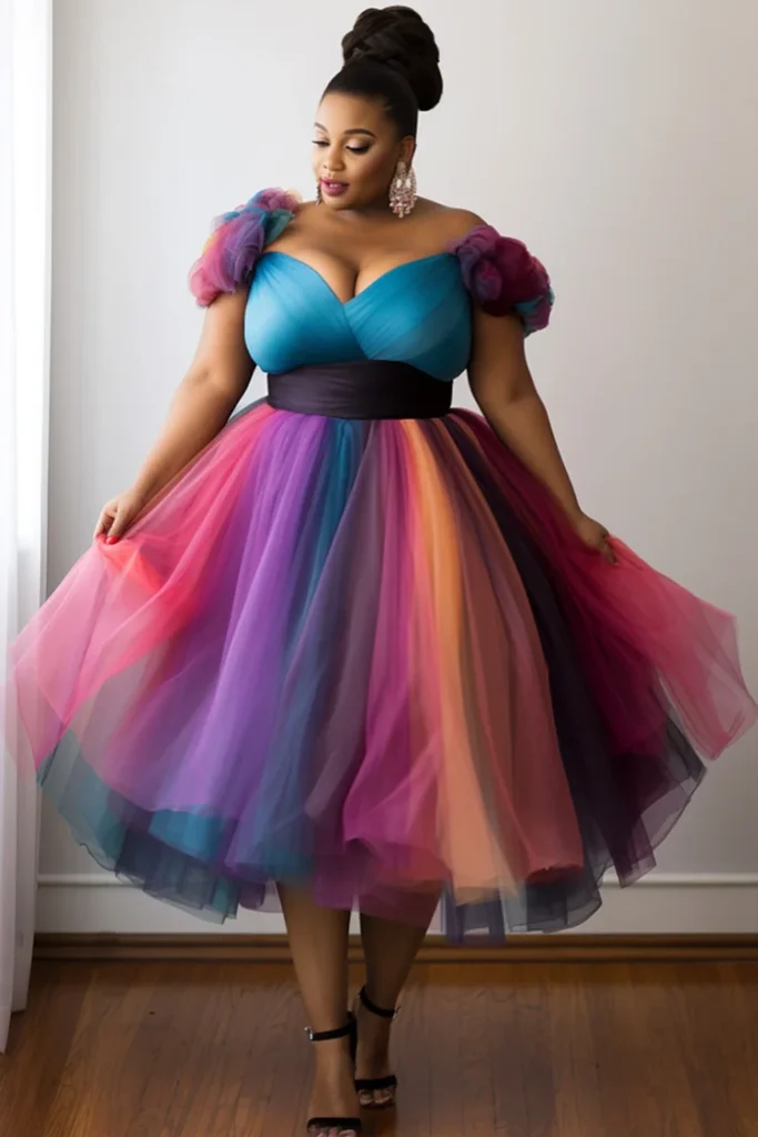 Plus Size Prom Multicolor Gradient Wrap Neck Tiered Tulle Midi Dress
