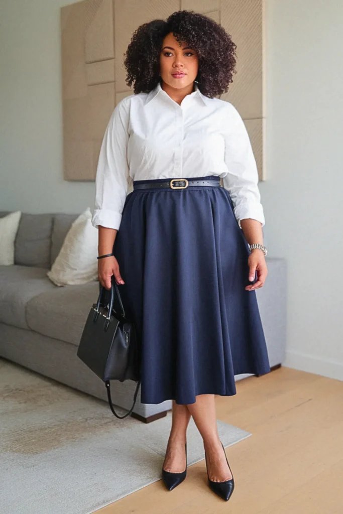 Plus Size Button-Up Shirt with Midi Skirt Fall Outfit
