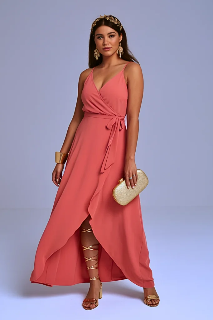 Coral Wrap Maxi Dress and Gold Accents Grecian-Inspired Spring Birthday Dinner Outfit