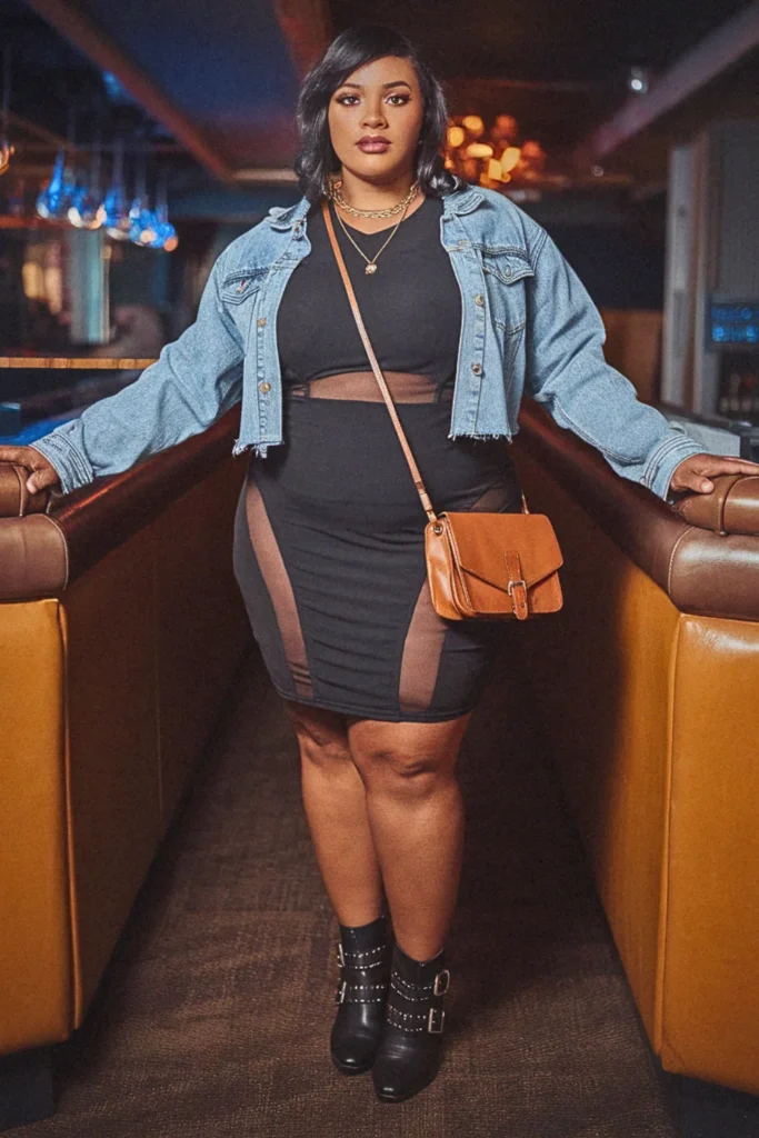 Plus Size Fall Mesh Panel Dress and Denim Jacket Going Out Outfit