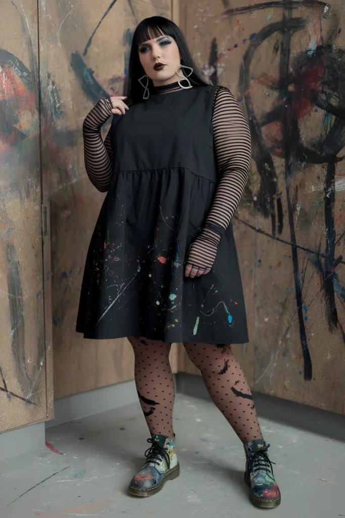 Winter Plus Size Goth Paint-splattered Black Smock Dress Outfit