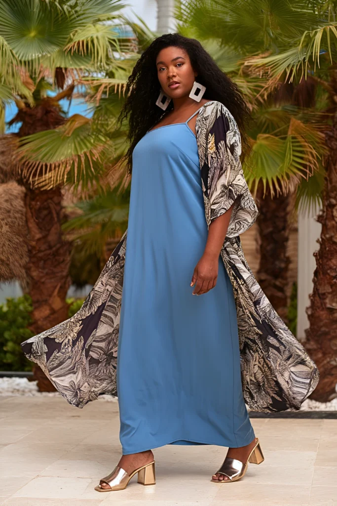 Plus Size Summer Handkerchief Hem Kimono With Column Dress Holiday Outfit