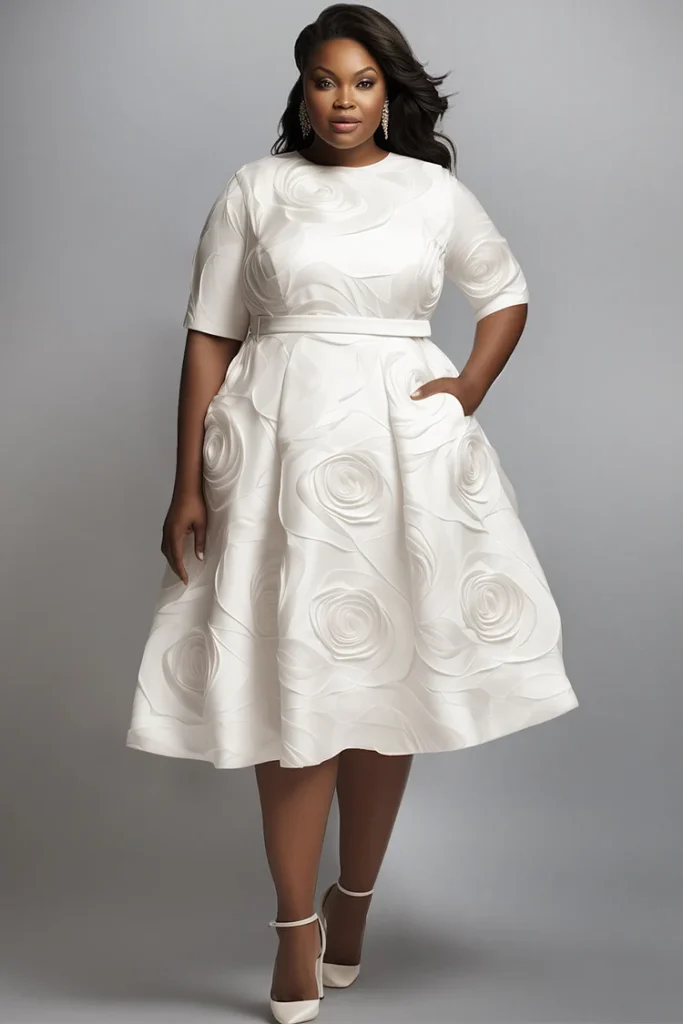 Plus Size Wedding Guest White Round Neck Short Sleeve Pocket Midi Dress