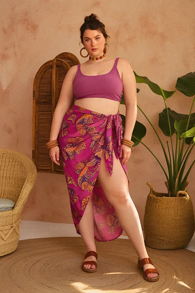Plus Size Convertible Sarong Skirt with Tie-Back Crop Top Boho Outfit