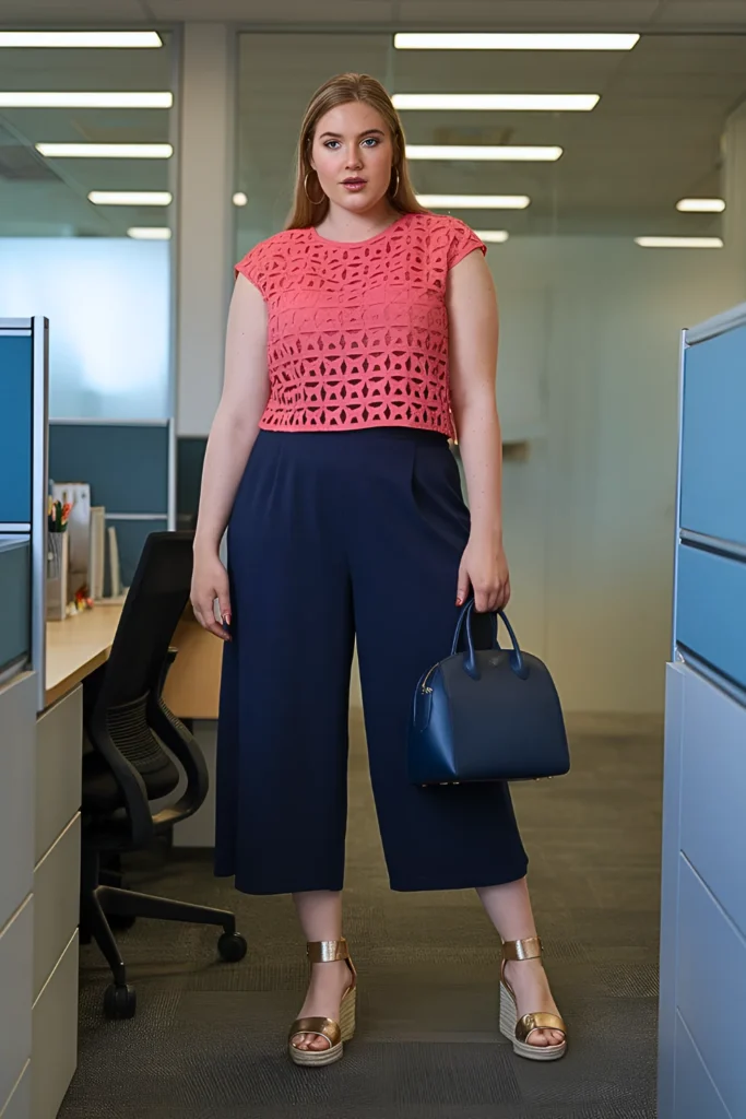 Plus Size Summer Laser-Cut Overlay Top and Culottes Business Casual Outfi