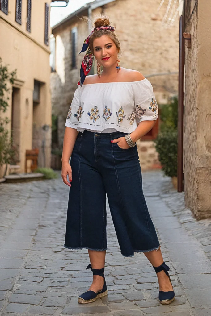 Plus Size Summer Denim Culottes and Embroidered Peasant Top European Outfit