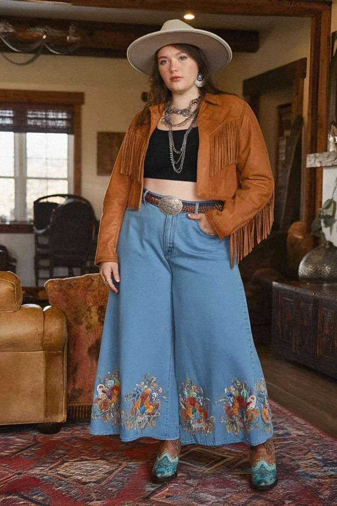 Plus Size Embroidered Denim Culottes with Western Crop Jacket Cowgirl Outfit