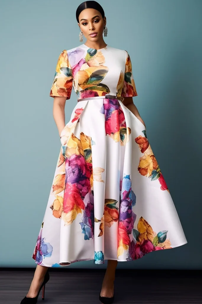 Plus Size Wedding Guest White Floral Round Neck Short Sleeve Pocket Satin Midi Dress