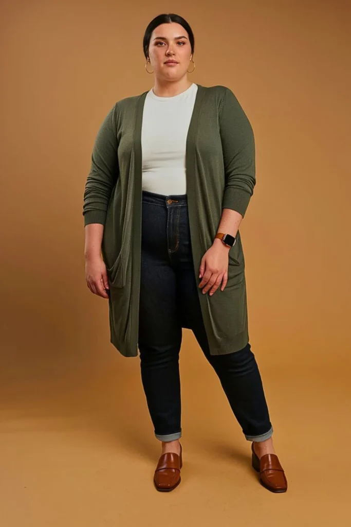Plus Size Autumn Forest Green Cardigan Casual Work Outfit