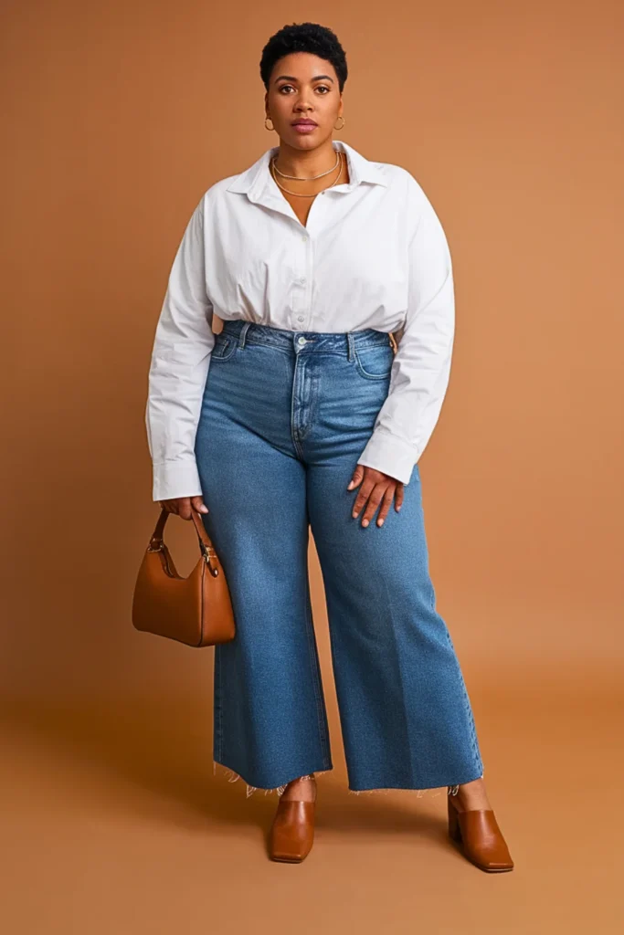 Plus Size Button-Up and Wide Leg Jeans Classic Autumn Outfit