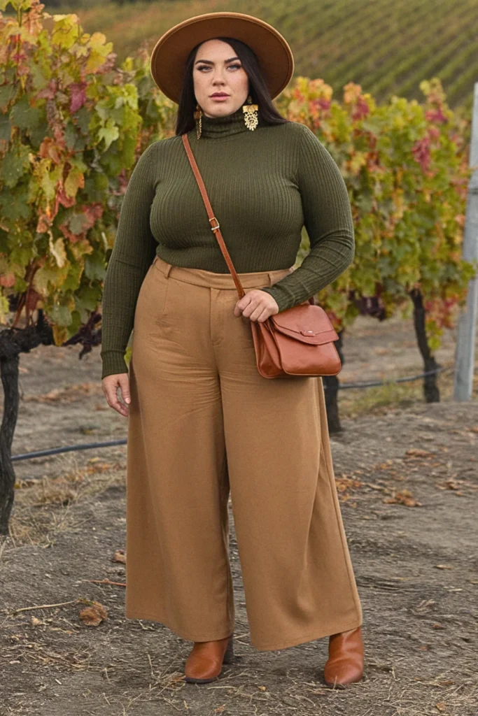 Plus Size Fall Olive Sweater Wide-Brim Hat Winery Outfit