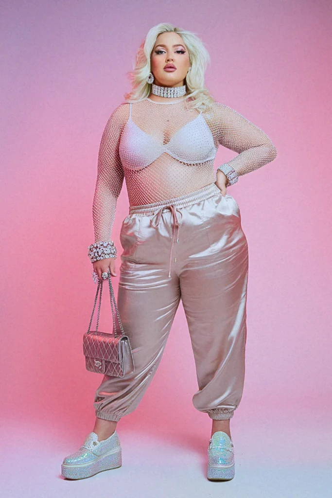 Plus Size Summer Rhinestone Fishnet Bodysuit and Satin Joggers Vegas Outfit