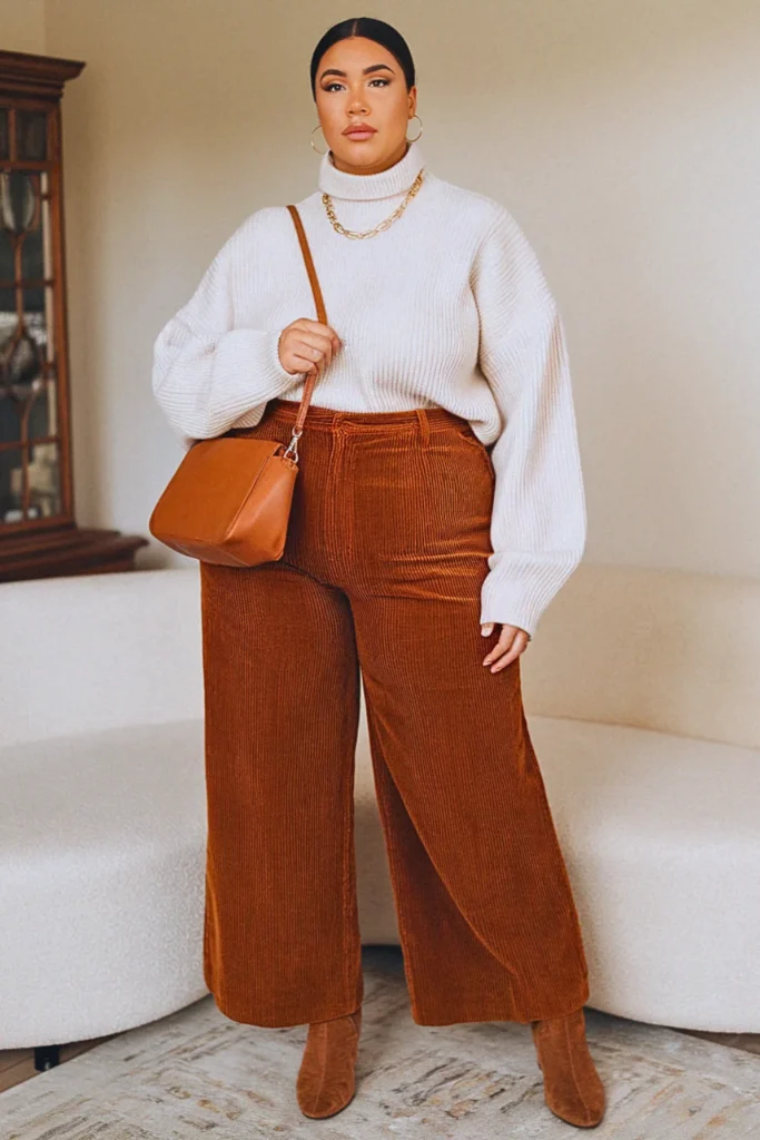 Plus Size Fall Chunky Turtleneck and Wide-Leg Corduroy Mom Outfit