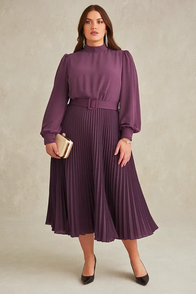 Plus Size Amethyst Purple Pleated Midi Wedding Guest Dress