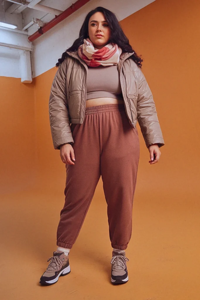 Plus Size Fall Cropped Puffer and High-Waisted Sweatpants Athleisure Outfit