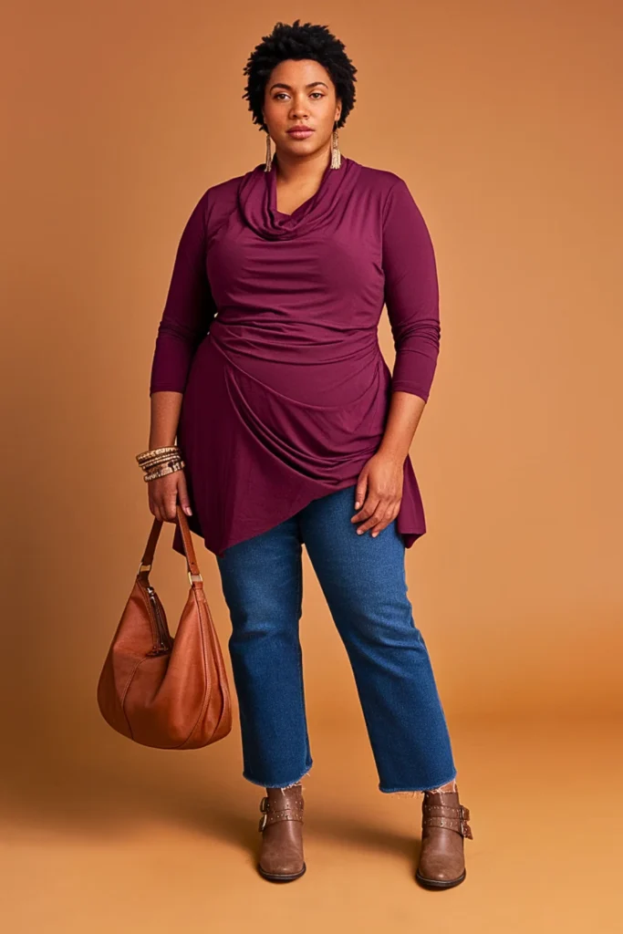 Plus Size Cowl Neck Tunic and Straight Jeans Autumn Outfit