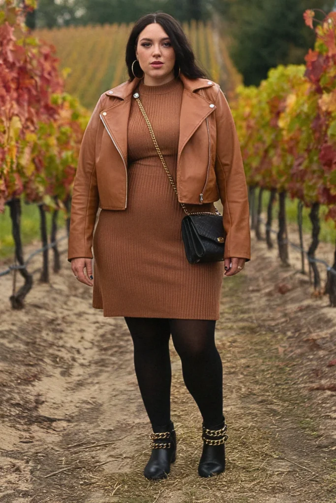 Plus Size Fall Tan Sweater Dress Leather Jacket Winery Outfit