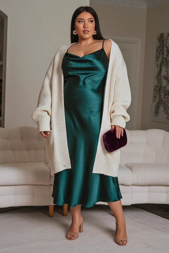 Plus Size Satin Slip Dress and Cardigan Fall Outfit