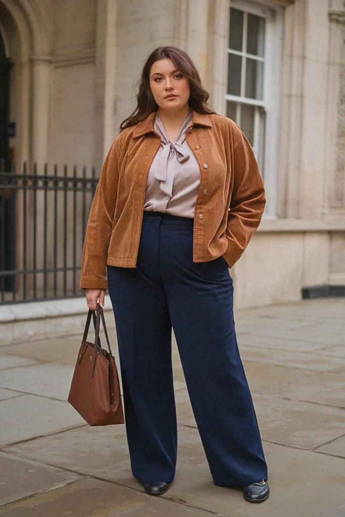Plus Size Corduroy Jacket And Wide-Leg Trousers Fall Outfit