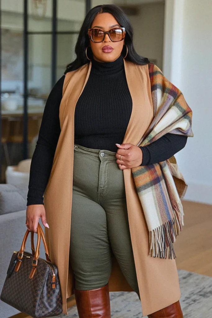 Plus Size Camel Longline Vest Elevated Casual Fall Outfit