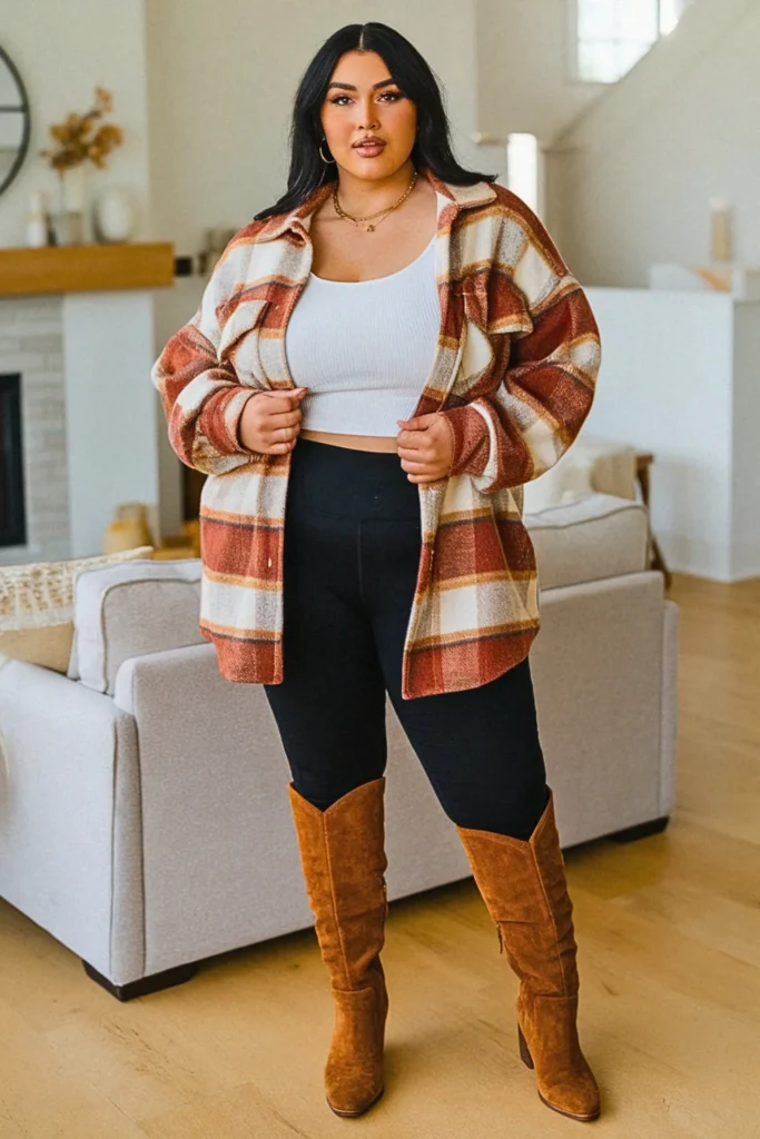 Plus Size Fall Shacket With Leggings And Knee High Boots Comfy Outfit