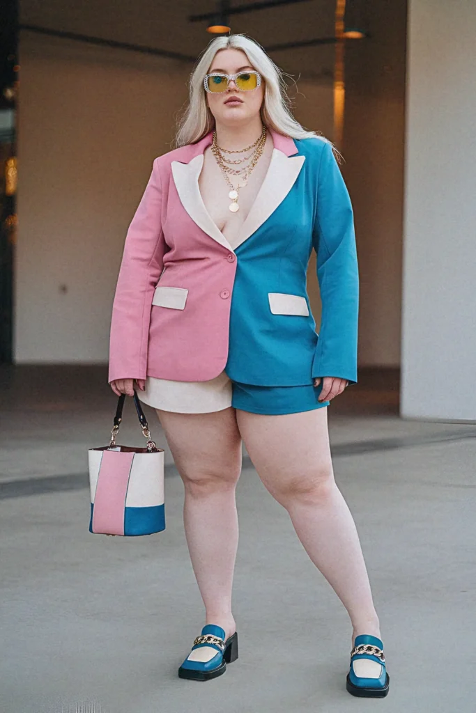 Plus Size Summer Two-Tone Blazer and Shorts Set Vegas Outfit