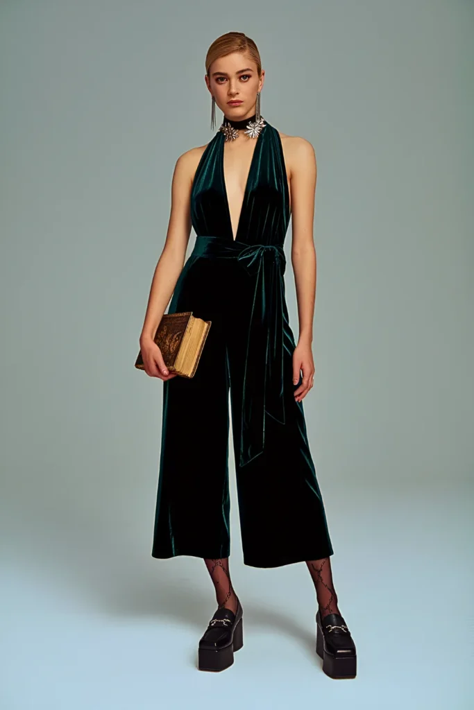 Aesthetic Dark Botanical Velvet Jumpsuit Spring Outfit