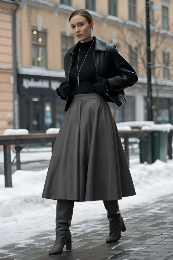 Stockholm Style Leather Midi Skirt Winter Outfits