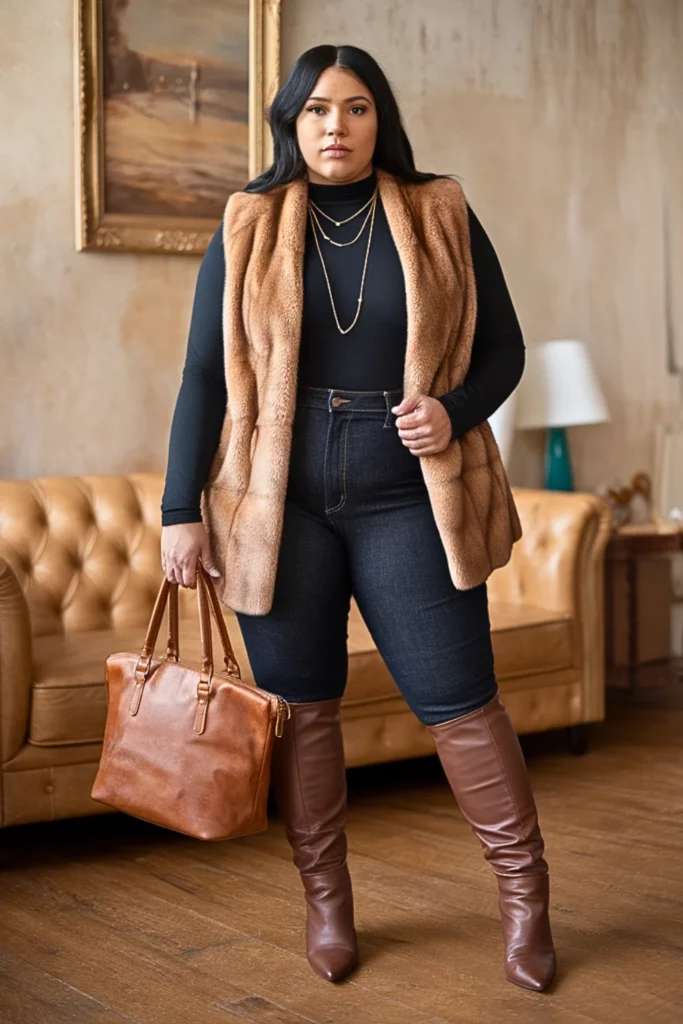 Plus Size Faux Fur Vest Over Long Sleeve Bodysuit Winter Outfit