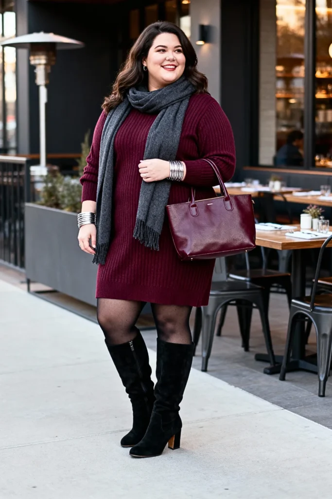 Plus Size Burgundy Sweater Dress and Knee-High Boots Outfit