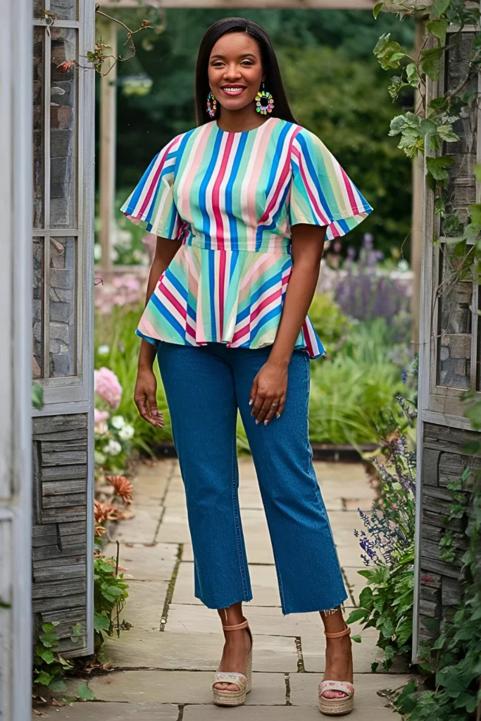 Candy-Striped Blouse with Peplum and Jeans