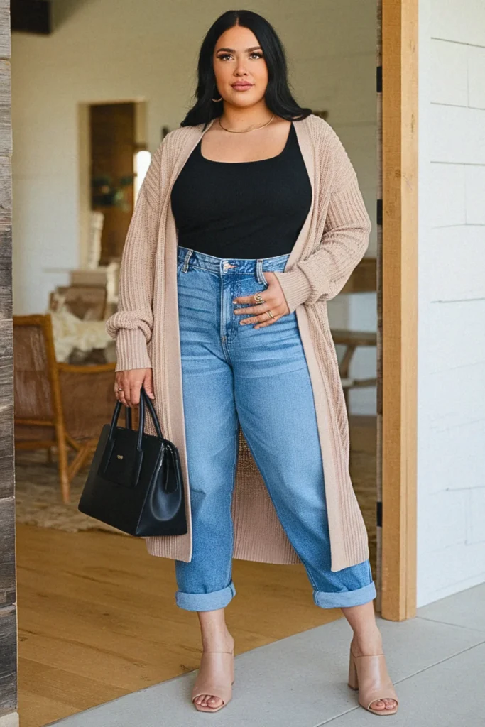 Plus Size Fall Cardigan Duster With Tank And Jeans Comfy Outfit