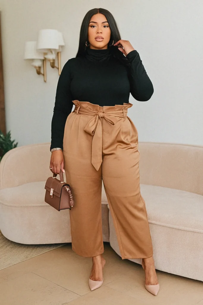 Plus Size Turtleneck Bodysuit and Paper Bag Pants Fall Outfit