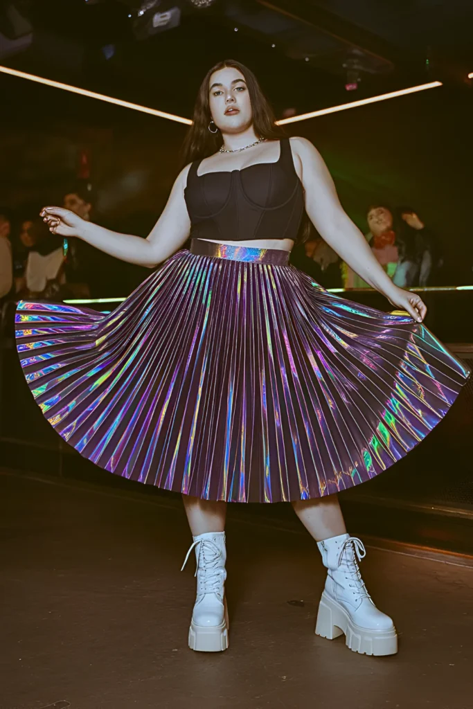 Plus Size Holographic Pleated Midi Skirt and Crop Corset Summer Club Outfit
