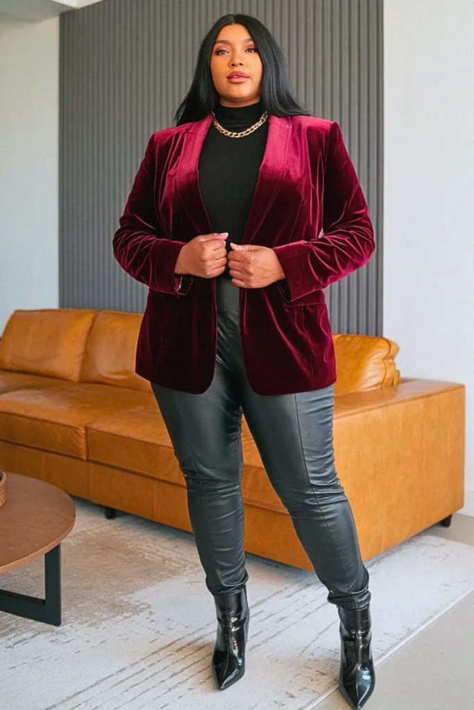 Plus Size Velvet Blazer and Leather Leggings Dressy Fall Outfit