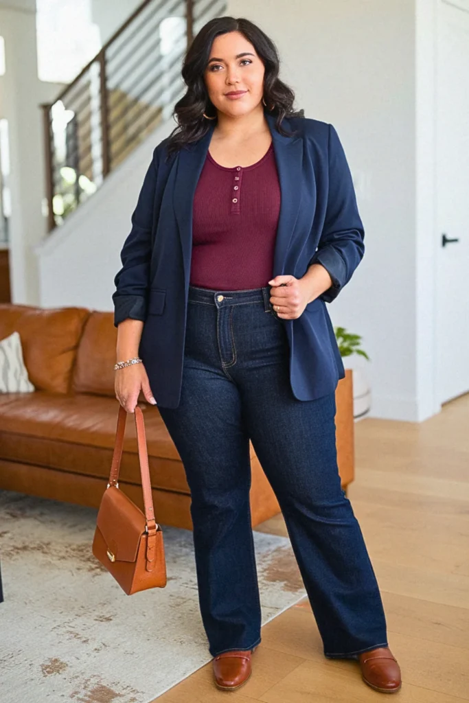 Plus Size Preppy Henley and Tailored Blazer Fall Outfit