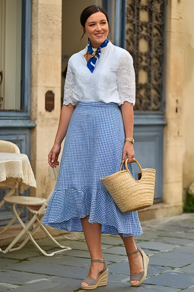 European Eyelet Lace Blouse & Gingham Midi Skirt Spring Outfit
