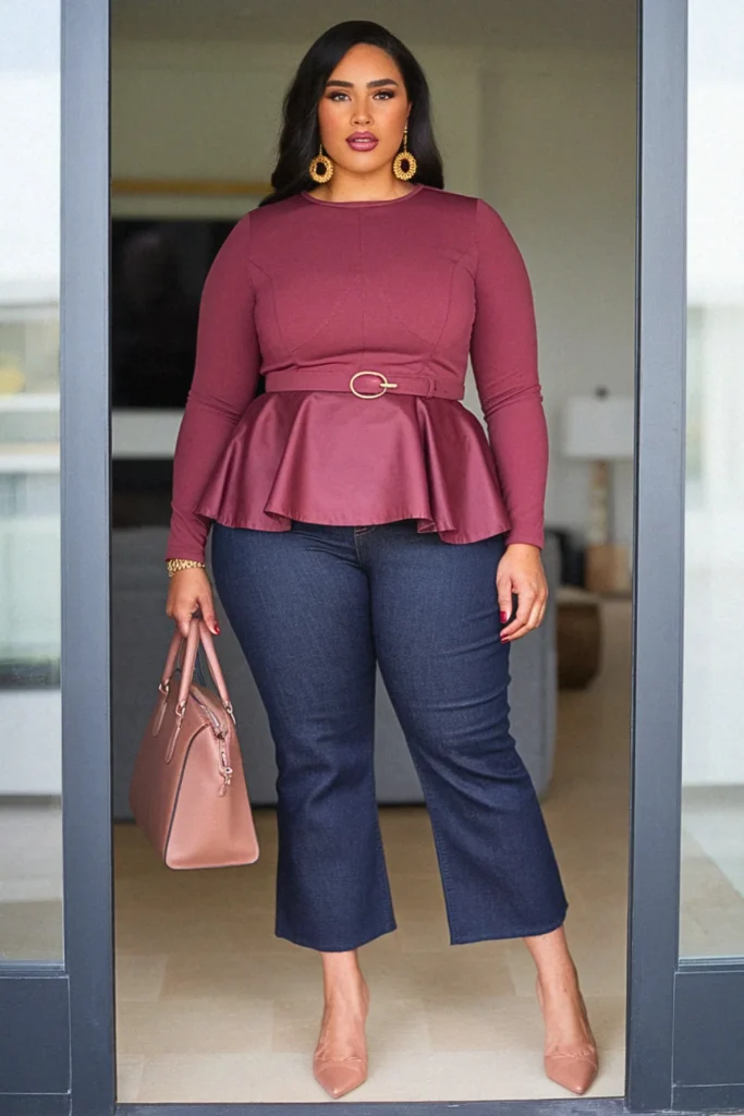 Plus Size Peplum Top with Cropped Jeans Fall Outfit