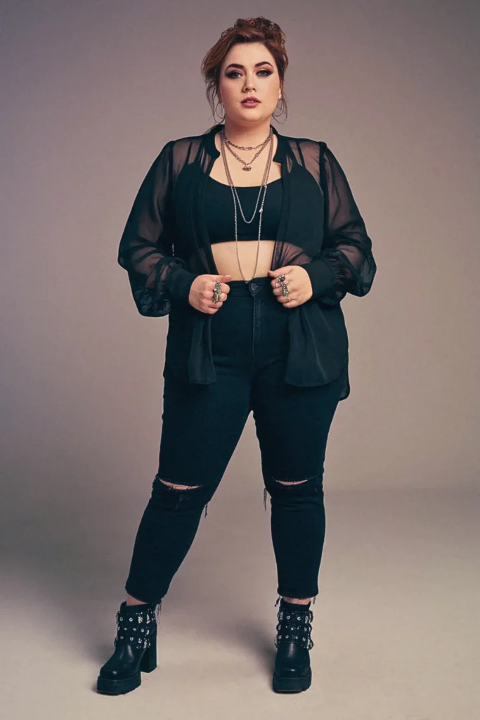 Plus Size Fall Sheer Blouse Layered Grunge Outfit