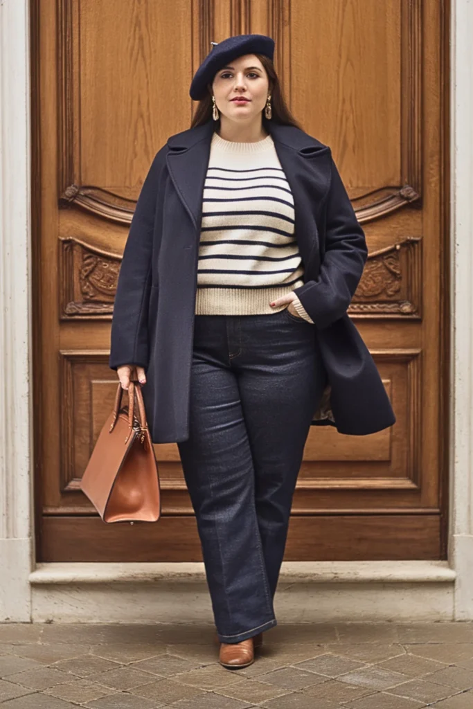 Plus Size Wool Peacoat Over Striped Sweater Winter Outfit