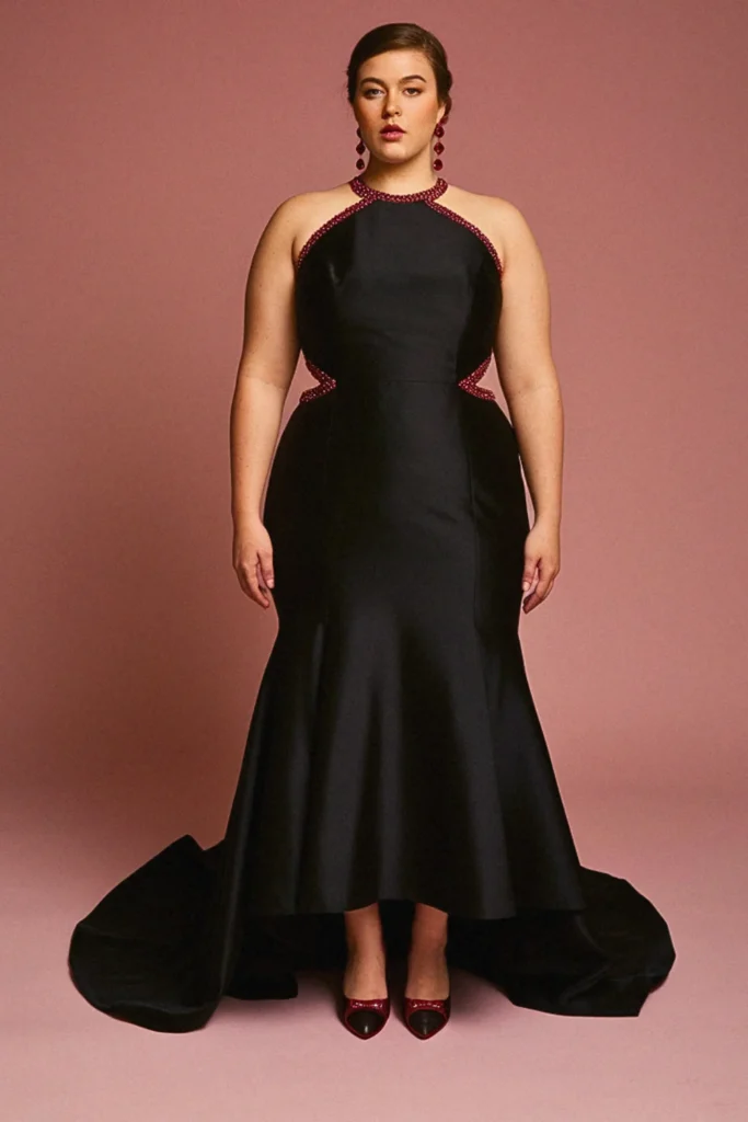Plus Size Ruby-Accented Halter Neck Black Wedding Dress